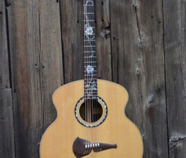 Acoustic guitar against wooden background.