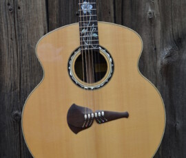 Acoustic guitar against rustic wooden background.