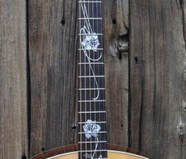 Guitar with intricate floral inlay design.