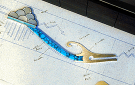 Decorative blue and gold architectural design sketch.