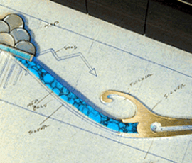 Architectural blueprint with decorative blue inlay.