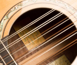 Close-up of guitar rosette and strings