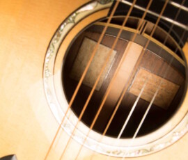 Sunlit acoustic rosette with visible maker label