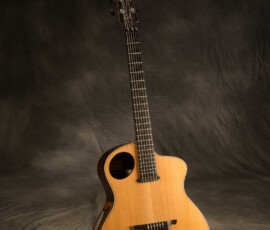Acoustic guitar against a dark textured background.