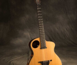 Acoustic guitar with cutaway design on stand.