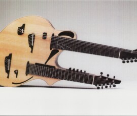 Double-neck guitar with unique design.