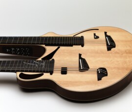 Double-neck acoustic guitar on white background.